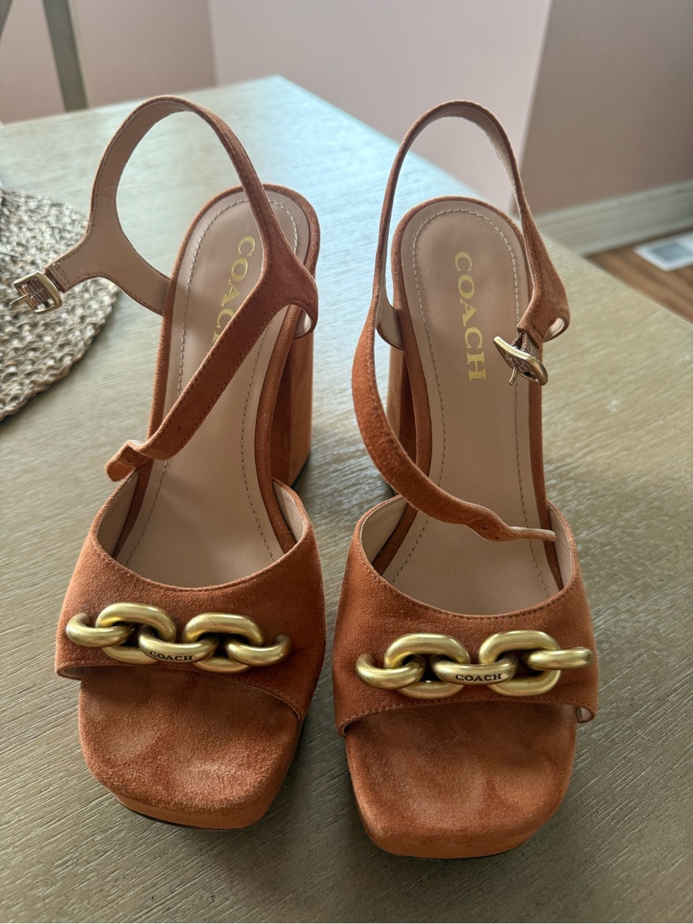 Coach Rust Suede Chain-Embellished Block Heel Sandals